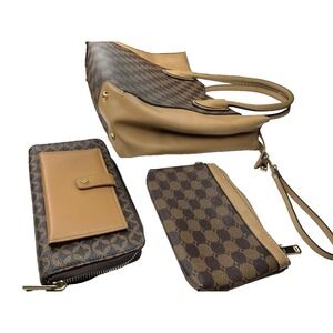 Secure The Bag Purse Set 3 Piece Designer Inspired Brown Pouch Wallet Tan NWOT